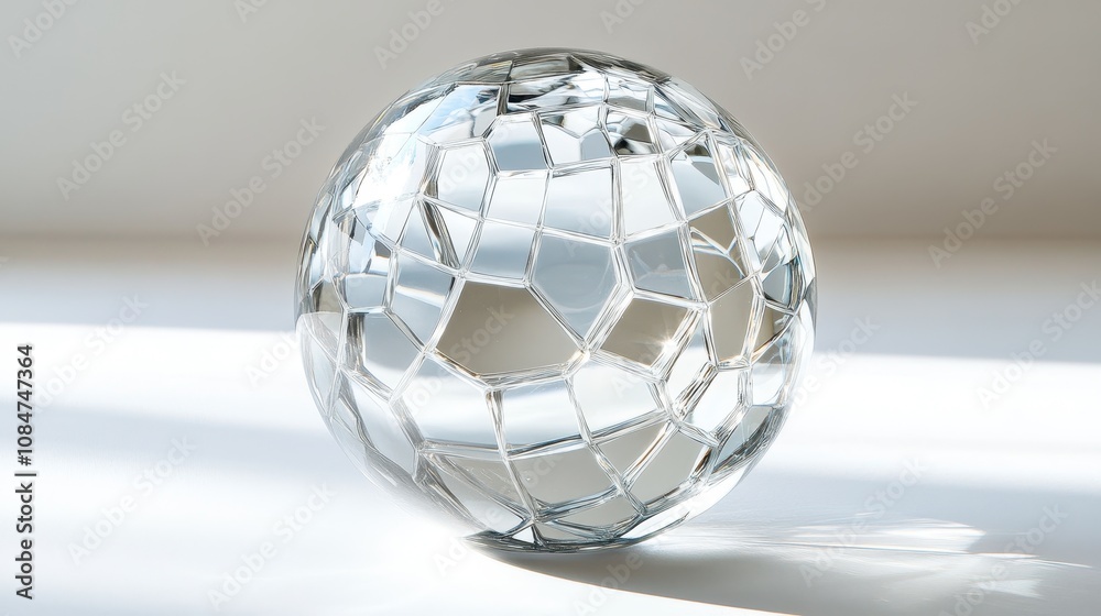 Naklejka premium A crystal-clear glass sphere displays a complex geometric pattern reflected against a white backdrop.