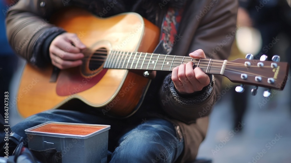 Fototapeta premium A close-up of a street musician playing a guitar, with a small donation box beside them and people passing by