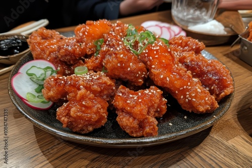 Delicious Korean Fried Chicken with Sesame Seeds and Gochujang Glaze photo