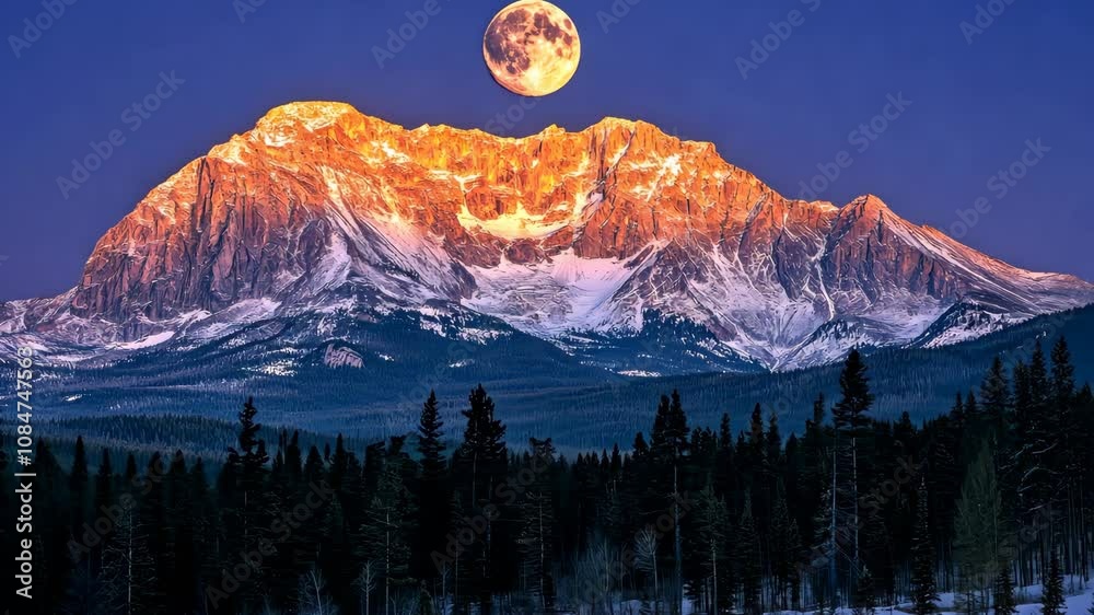 Majestic Mountain Peak at Night: Moonlit Winter Wonderland