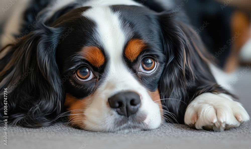 Cavalier King Charles Spaniel resting, close-up of face, expressive eyes, soft fur, indoor setting, calm demeanor Cavalier King Charles Spaniel resting, close-up of face, expressive eyes, soft fur, indoor setting, calm demeanor