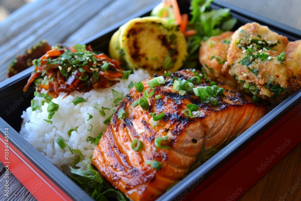 Delicious Japanese Bento Box with Grilled Salmon and Rice Delicious Japanese Bento Box with Grilled Salmon and Rice