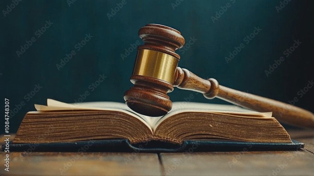 A wooden gavel rests on an open book, symbolizing justice and law.