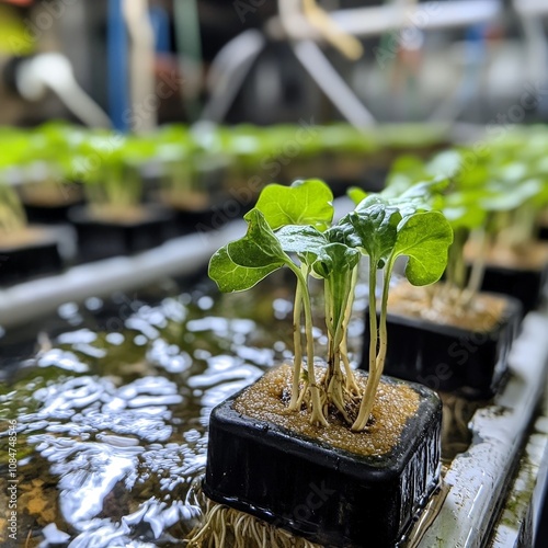 A close-up of fresh, vibrant hydroponic vegetables growing in a controlled environment, their roots visible in nutrient-rich water