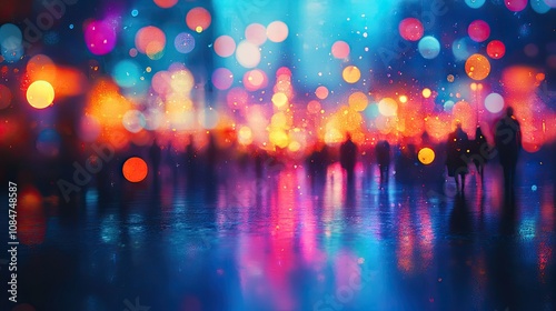 Silhouettes of people walking in the rain on a city street at night, with colorful bokeh lights reflecting off the wet pavement.