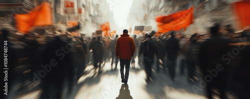 A poignant scene of a lone worker standing still amid a blur of moving protesters during an International Labour Day event. photo