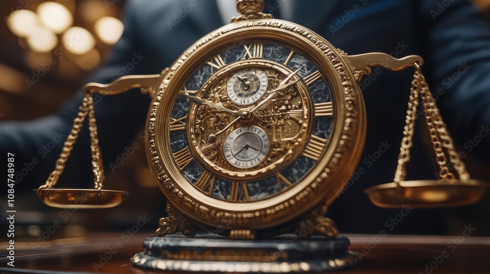 A gold clock with Roman numerals and scales of justice, symbolizing the passage of time and the balance of law. A gold clock with Roman numerals and scales of justice, symbolizing the passage of time and the balance of law.