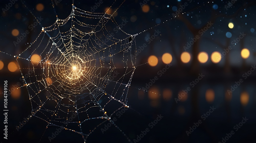 Naklejka premium Dewdrops Glimmer On A Spiders Web At Night