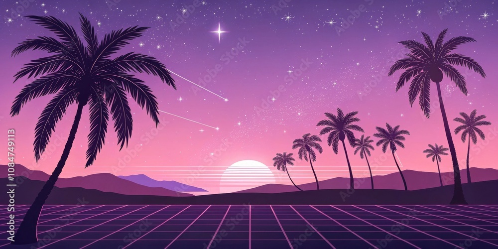 Naklejka premium A twilight scene dominated by pastel pink and purple hues with neon palm trees silhouetted against a grid horizon that fades into a starry sky filled with abstract shapes.