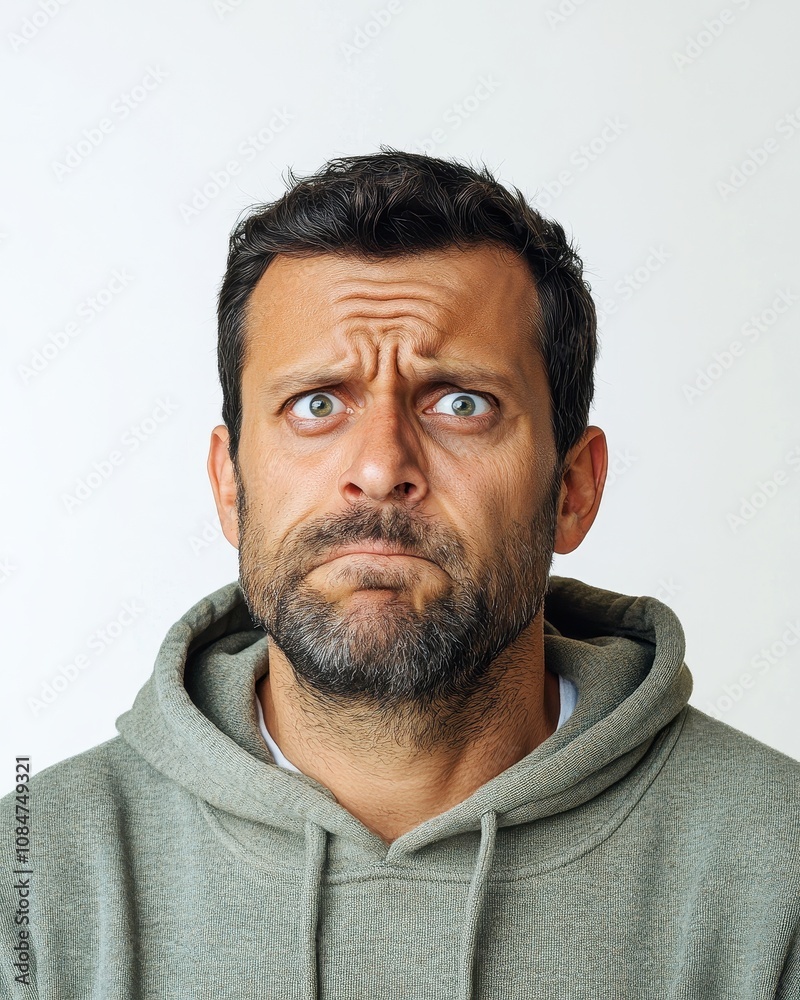 Magazine cover featuring a 40 years old man in a sweatshirt, displaying a worried and angry facial expression against a white background. Magazine cover featuring a 40 years old man in a sweatshirt, displaying a worried and angry facial expression against a white background.