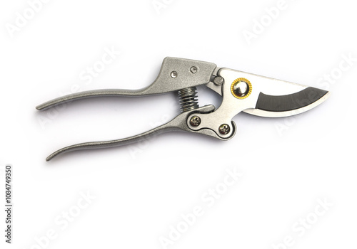 Silver garden secateurs isolated on a white background.