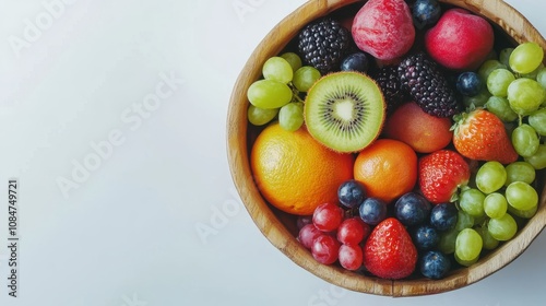 Assorted fruits in a wooden basket, clean white background