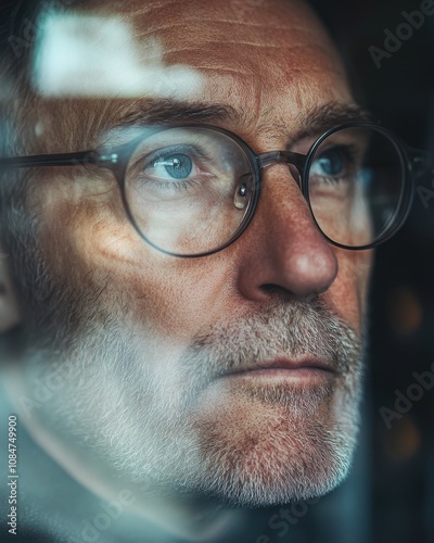 Close-up portrait of a man looking out a window, wearing glasses