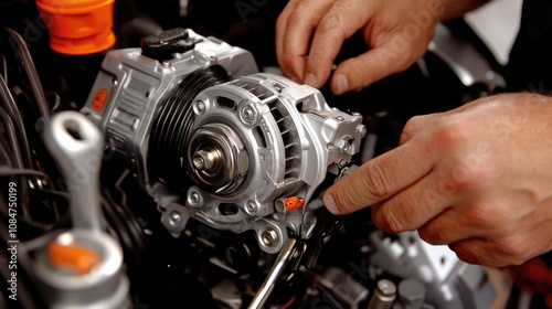 Hands Working on Car Alternator Installation in Engine Compartment, Highlighting Mechanics and Automotive Repairs for Professional or DIY Enthusiasts photo