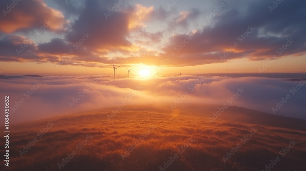 Fototapeta premium Misty wind farm at sunrise.