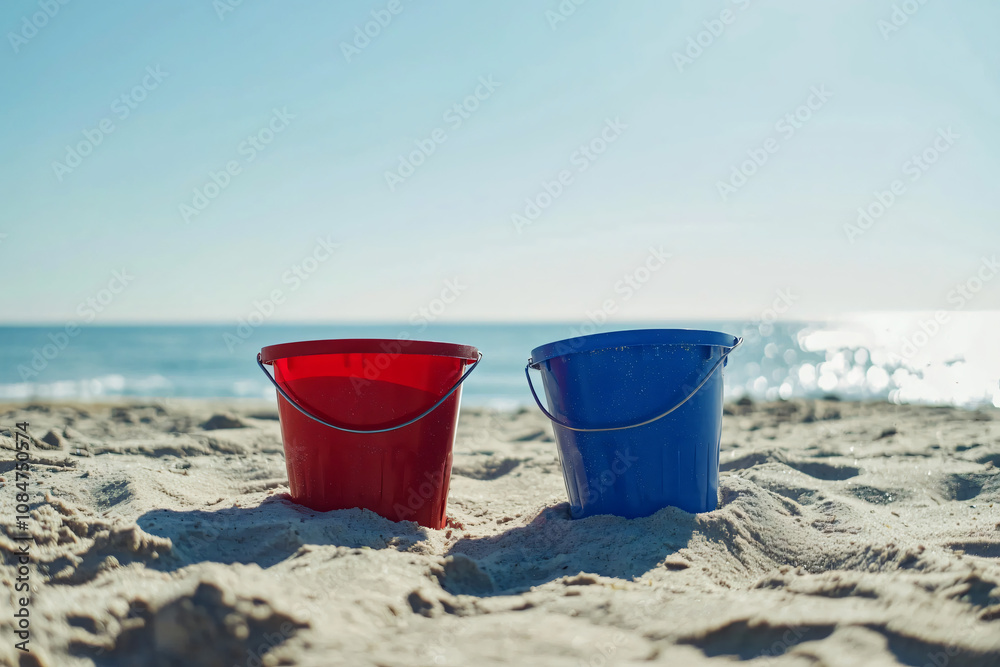red and blue beach buckets, castle sand construction, fun red and blue beach buckets, castle sand construction, fun