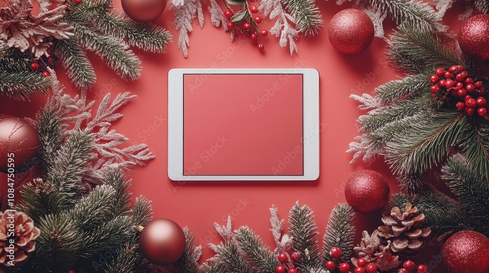 Fototapeta premium The perfect seasonal mockup with festive holiday flatlay, featuring a white tablet with pine branches, ornaments, and berries on coral background.