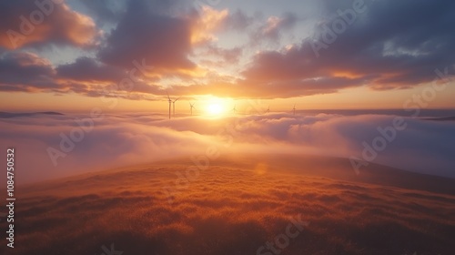 Misty wind farm at sunrise.