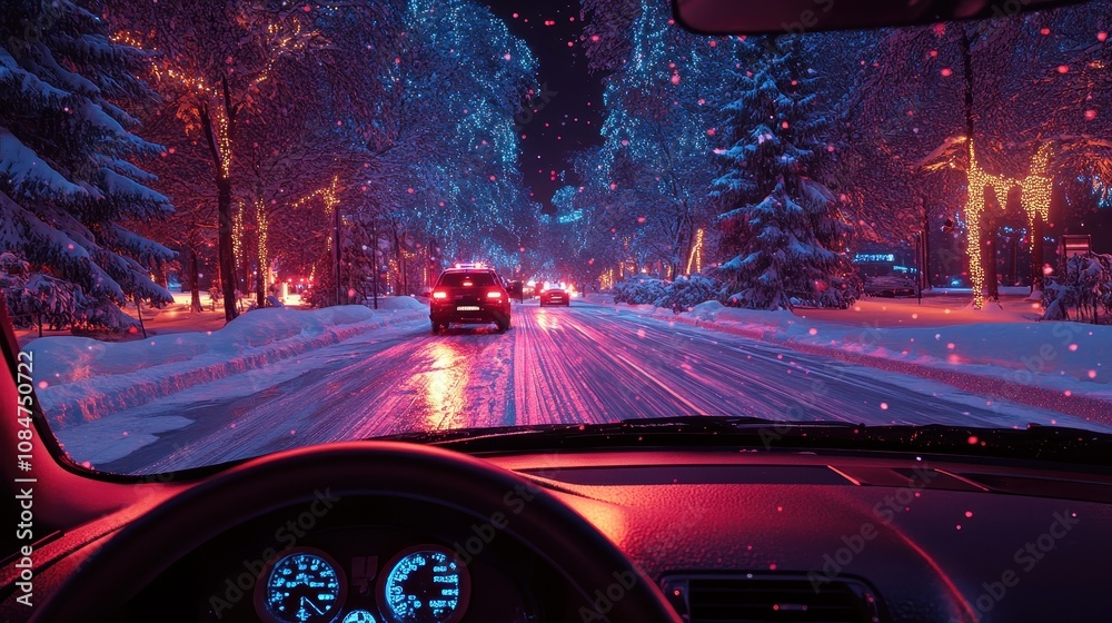 A drivers perspective on a snowy night, approaching a police officer at a checkpoint. Message of safe driving and the dangers of drunk driving during the holiday season. Image made using Generative AI A drivers perspective on a snowy night, approaching a police officer at a checkpoint. Message of safe driving and the dangers of drunk driving during the holiday season. Image made using Generative AI