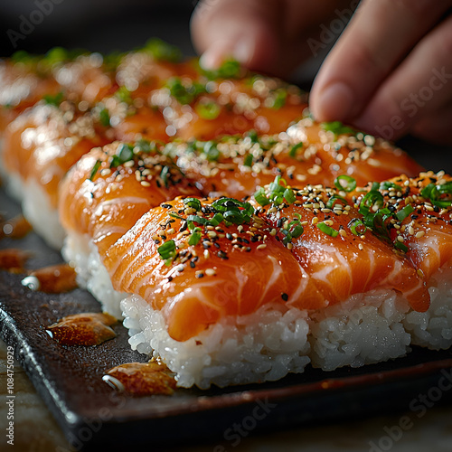 Chef skillfully prepares gourmet sushi with fresh ingredients and artistic presentation for culinary enthusiasts photo