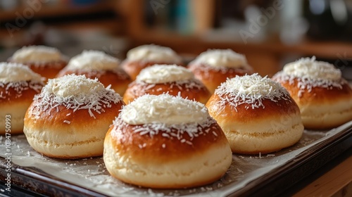 Freshly baked buns topped with cream cheese and shredded coconut on a baking tray with parchment