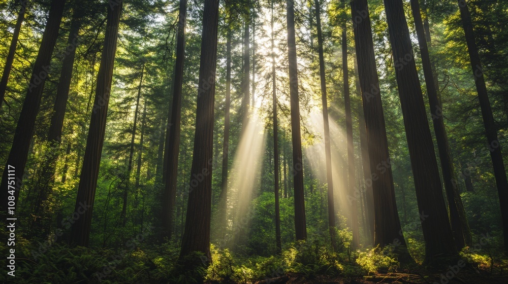 Obraz premium A dense forest filled with towering trees, sunlight filtering through the thick canopy