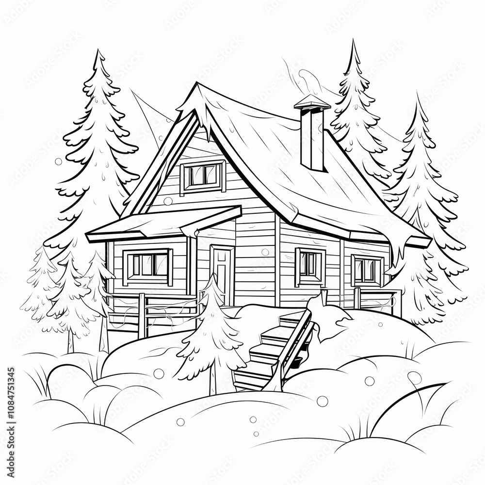 Naklejka premium A simple line drawing of a cozy cabin in the woods with a snowy roof and smoke coming from the chimney.