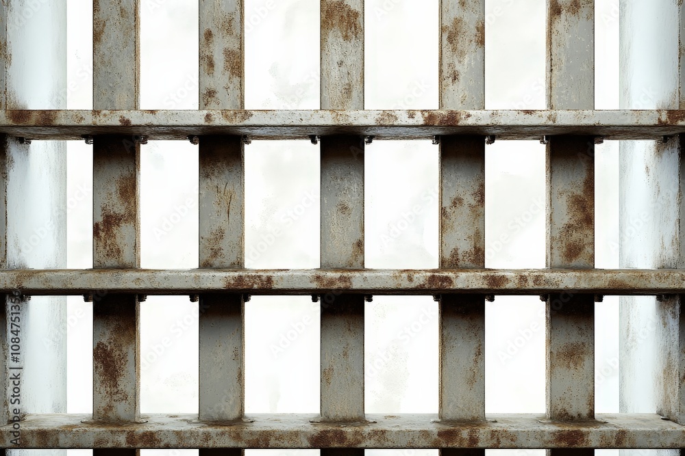 A detailed view of the bars of a prison cell, with faint light coming through, isolated on a white background