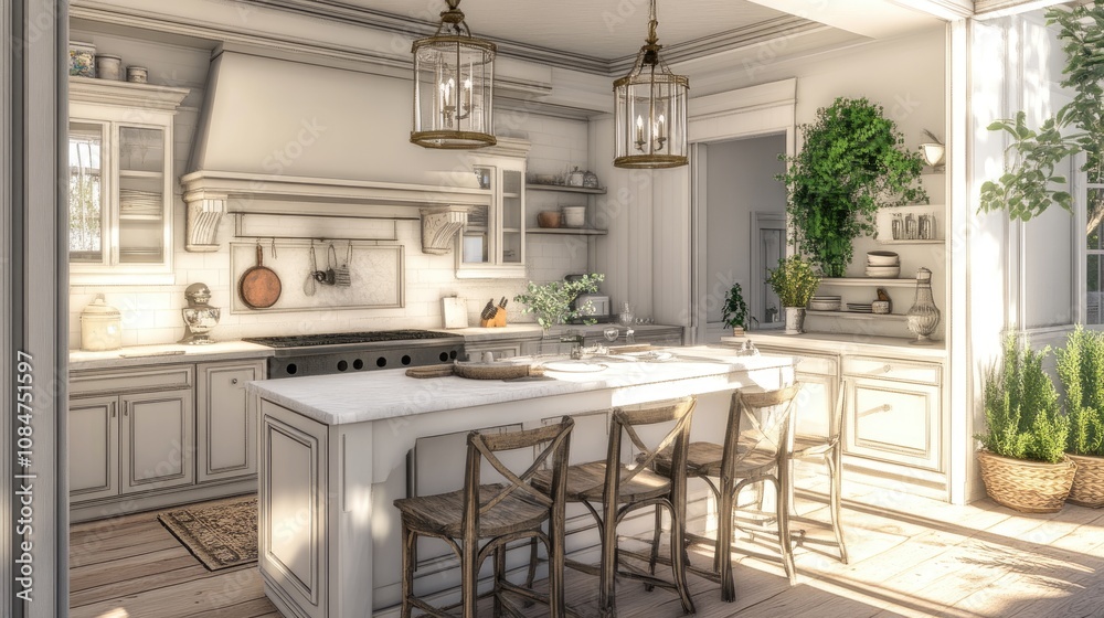 Fototapeta premium Bright and Airy Modern Kitchen Design Featuring Ample Natural Light and Elegant Decor, Perfect for Culinary Enthusiasts and Home Chefs