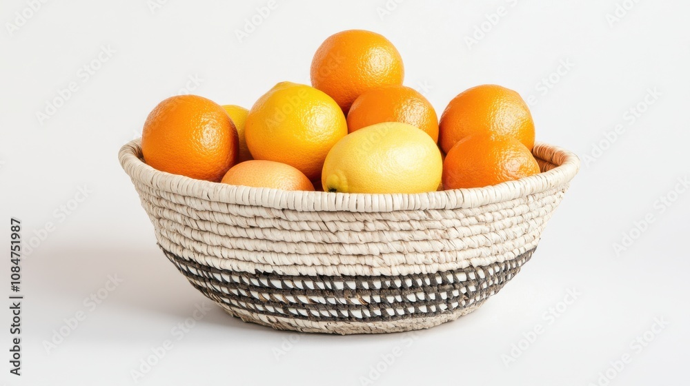 Simple basket holding oranges and lemons, clean white background Simple basket holding oranges and lemons, clean white background