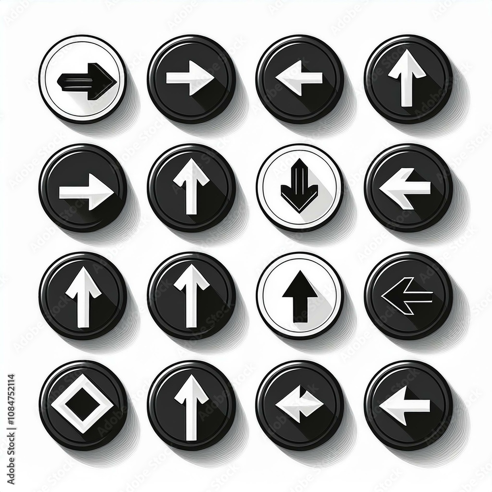 ensemble de flèches sur des pastilles en noir et blanc, directions en ia ensemble de flèches sur des pastilles en noir et blanc, directions en ia