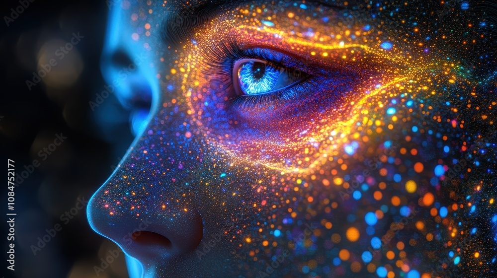 Close-up of a face illuminated by colorful light patterns. Generative AI image Close-up of a face illuminated by colorful light patterns. Generative AI image