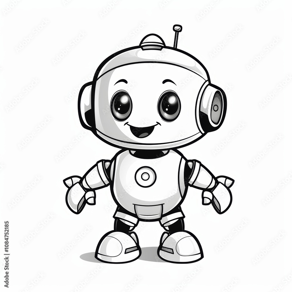 Fototapeta premium A cute cartoon robot with a big smile, an antenna, and large eyes.