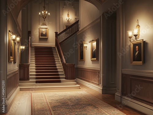 Elegant interior hallway with staircase, vintage portraits, and ambient lighting in a historic building