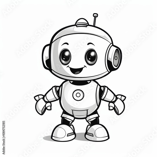 A cute cartoon robot with a big smile, an antenna, and large eyes.