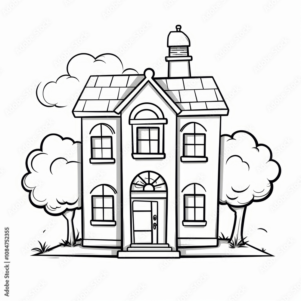 Fototapeta premium A cartoon illustration of a two-story house with a chimney, windows, a door, and trees.