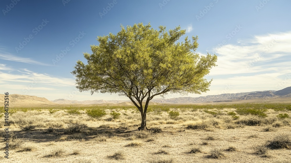 A drought-resistant tree thriving in an arid landscape, its leaves adapted to conserve water A drought-resistant tree thriving in an arid landscape, its leaves adapted to conserve water