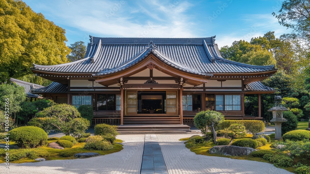 Large house with a Japanese style roof and a garden in front of it. hyperrealistic Video