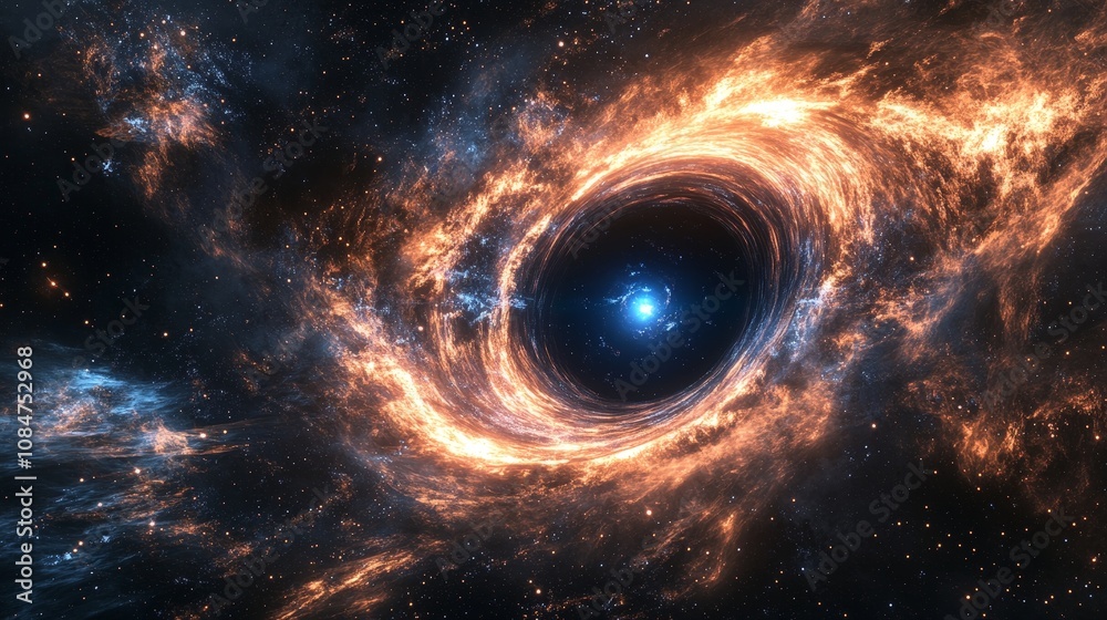 A dynamic rendering of a rotating black hole, with relativistic jets and magnetic fields adding to the visual complexity