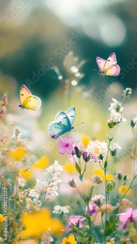 Colorful butterflies flying over blooming wildflowers in summer meadow