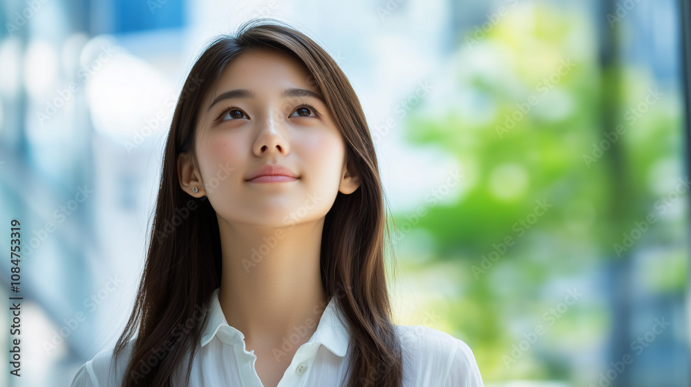 空を見上げる日本人の女子大生・高校生 空を見上げる日本人の女子大生・高校生