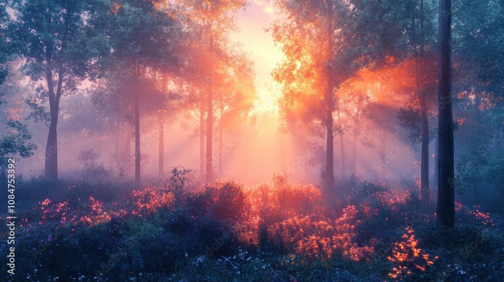 Misty forest sunrise with sunbeams piercing through. Generative AI image Misty forest sunrise with sunbeams piercing through. Generative AI image