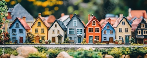 Colorful row of charming miniature houses on a sunny day