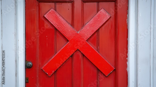 Closed door with a red X symbol, representing the concept of refusal, set against a white background.