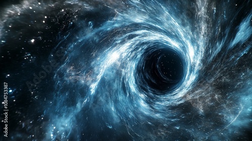 A dynamic shot of a cosmic simulation where dark matter particles are drawn towards a black hole, altering the cosmic structure photo