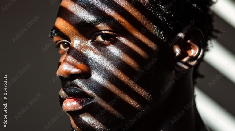 Young african man with striking shadows on his face. Generative AI image Young african man with striking shadows on his face. Generative AI image