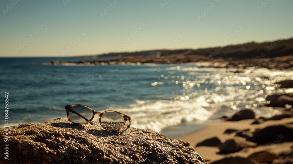 custom made wallpaper toronto digitalStylish Sunglasses Resting on a Rocky Shoreline with Waves Gently Crashing and a Beautiful Horizon Under a Clear Blue Sky at Sunset