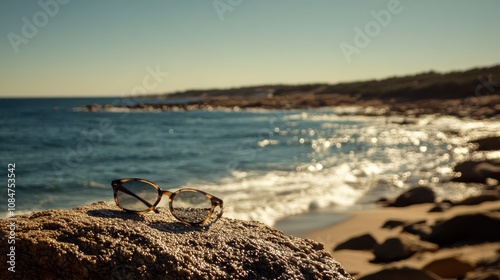 Wallpaper Mural Stylish Sunglasses Resting on a Rocky Shoreline with Waves Gently Crashing and a Beautiful Horizon Under a Clear Blue Sky at Sunset Torontodigital.ca