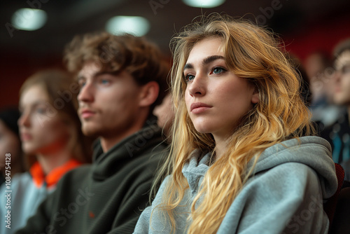 Young woman with light brown hair in a lecture hall or event, serious but bored, among peers.