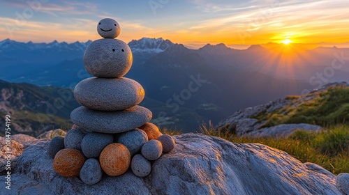 A stack of stones with a smiling face at sunset in a mountainous landscape. photo